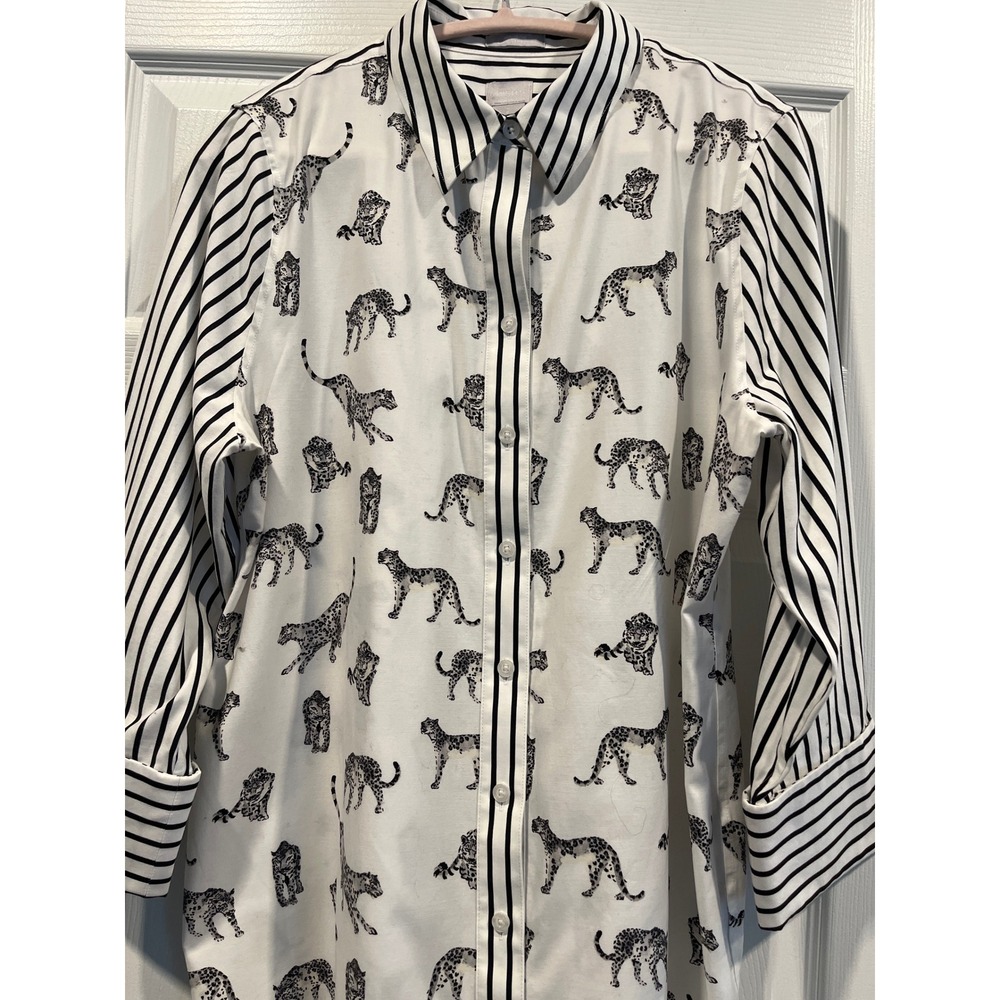 Chicos Leopard Print Striped Tunic Button Down Shirt White Black Size 2 Large - Picture 2 of 10
